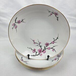 FOUR Diamond China Cherry Blossom Coupe Soup Bowls White with Pink Flowers